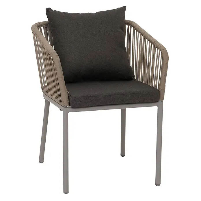 Gartengarnitur | Tisch+6xStuhl | wetterfest Alu 180x80cm | Seilgeflecht Rope | Grau | Kissen Dunkelgrau -  - Outdoor-Sessel mit grauem Metallgestell, hellbraunen geflochtenen Rücken-/Armlehnen und dunkelgrauen Kissen.