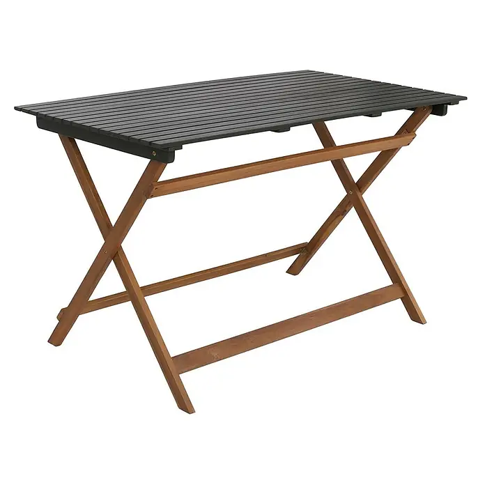 Garnitur Sitzgruppe | Gartenmöbel-Set Essgruppe 4x Stuhl Tisch | Akazie Holz klappbar | Natur-Grün -  - Rechteckiger dunkelgrauer Lamellen-Klapptisch mit braunem Holz-X-Gestell.