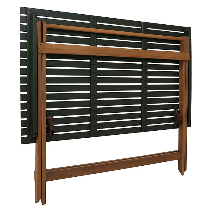 Garnitur Sitzgruppe | Gartenmöbel-Set Essgruppe 4x Stuhl Tisch | Akazie Holz klappbar | Natur-Grün -  - Geklappter Tisch mit dunkler Lattenplatte und Naturholzrahmen.