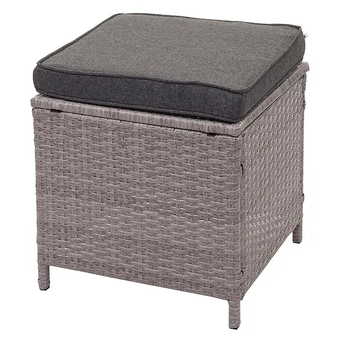 Mendler Loungemöbel-Set HWC-A29 - 5 -tlg., Polyrattan, Grau, Kissen grau + 2x Hocker, Grau - Grauer Outdoor-Aufbewahrungshocker im Rattan-Stil mit dunkelgrauem Stoffkissen.