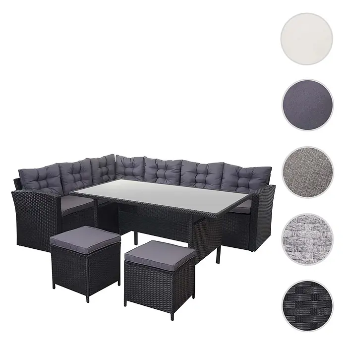 Mendler Loungemöbel-Set HWC-A29 - 4 -tlg., Polyrattan, Kissen dunkelgrau, mit 2x Hocker, Schwarz, dunkelgrau - Schwarze Rattan-Optik Gartenmöbelgruppe mit L-Sofa, Tisch und zwei Hockern, graue Polster und Glasplatte.