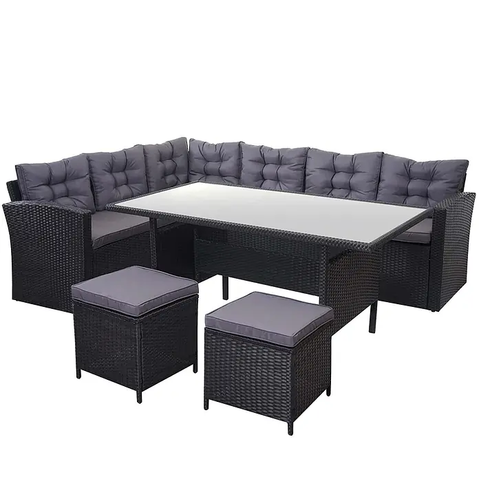 Mendler Loungemöbel-Set HWC-A29 - 4 -tlg., Polyrattan, Kissen dunkelgrau, mit 2x Hocker, Schwarz, dunkelgrau - Schwarze Rattan-Gartenlounge-Set mit grauen Kissen, Glastisch und zwei Hockern.