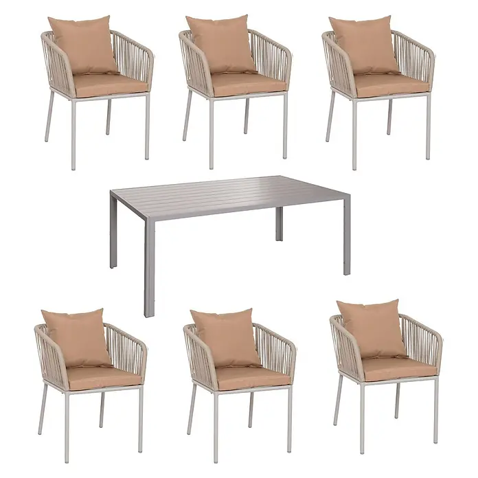 Gartengarnitur | Tisch+6xStuhl | wetterfest Alu 180x80cm | Seilgeflecht Rope | Grau | Kissen Taupe -  - Outdoor-Essgruppe mit hellgrauem Lamellen-Esstisch und sechs Stühlen mit hellem Seilgeflecht, hellen Rahmen und beigen Kissen.