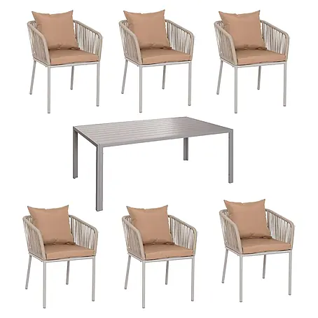 Gartengarnitur | Tisch+6xStuhl | wetterfest Alu 180x80cm | Seilgeflecht Rope | Grau | Kissen Taupe