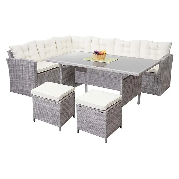 Mendler Loungemöbel-Set HWC-A29 - 5 -tlg., Polyrattan, Hellgrau, Kissen creme + 2x Hocker, Hellgrau - Graues Rattan-Gartenmöbel-Set mit Ecksofa, Glastisch und zwei Hockern mit cremefarbenen Kissen.