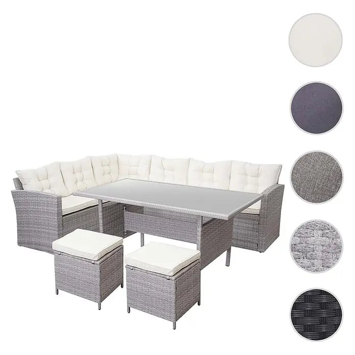 Mendler Loungemöbel-Set HWC-A29 - 5 -tlg., Polyrattan, Hellgrau, Kissen creme + 2x Hocker, Hellgrau - Graues Rattan-Ecksofa-Set mit Glastisch und zwei Hockern, inklusive weißen Kissen.