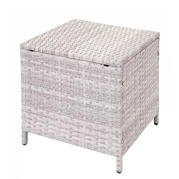 Poly-Rattan-Garnitur | Gartengarnitur Sitzgruppe Lounge-Esstisch-Set Sofa | Hellgrau | Kissen Creme + 2x Hocker -  - Hellgraue Outdoor-Aufbewahrungsbox aus geflochtenem Rattan mit Deckel und kurzen Beinen.