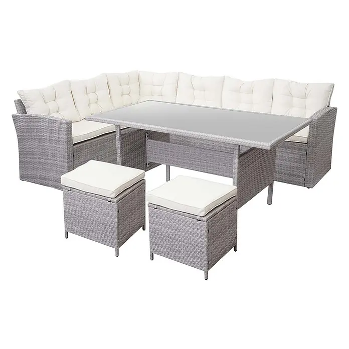 Poly-Rattan-Garnitur | Gartengarnitur Sitzgruppe Lounge-Esstisch-Set Sofa | Hellgrau | Kissen Creme + 2x Hocker -  - Graues Rattan-Ecksofa-Set mit Glastisch und zwei Hockern mit weißen Kissen.