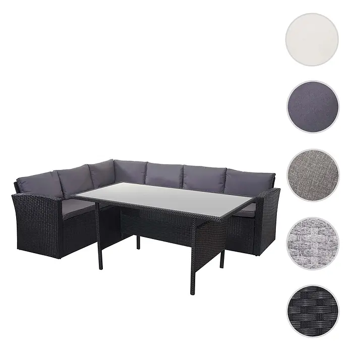Mendler Loungemöbel-Set HWC-A29 - 2 -tlg., Polyrattan, Kissen dunkelgrau, Schwarz, dunkelgrau - Schwarzes Rattan L-förmiges Outdoor-Sofa mit dunkelgrauen Kissen und passendem rechteckigem Tisch mit Glasplatte.