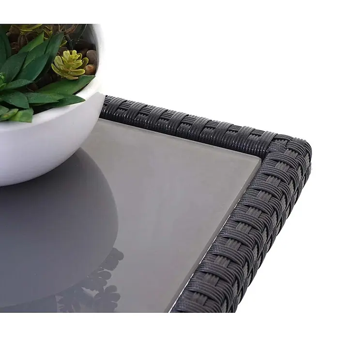 Mendler Loungemöbel-Set HWC-A29 - 2 -tlg., Polyrattan, Kissen dunkelgrau, Schwarz, dunkelgrau - Nahaufnahme eines dunkelgrauen Rattantischs mit Glasplatte, daneben ein weißer Blumentopf mit Sukkulenten.
