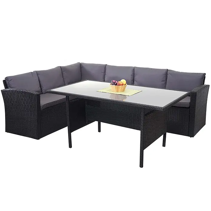 Poly-Rattan-Garnitur | Gartengarnitur Sitzgruppe Lounge-Esstisch-Set | Schwarz | Kissen Dunkelgrau -  - Dunkles Rattan L-förmiges Outdoor-Sofa-Set mit dunkelgrauen Kissen und rechteckigem Glastisch für Garten und Terrasse.