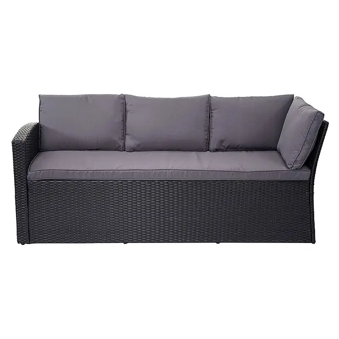 Poly-Rattan-Garnitur | Gartengarnitur Sitzgruppe Lounge-Esstisch-Set | Schwarz | Kissen Dunkelgrau -  - Schwarzes geflochtenes Outdoor-Sofa mit dunkelgrauen Sitz- und Rückenkissen.