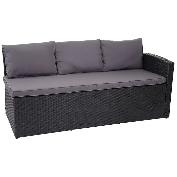 Poly-Rattan-Garnitur | Gartengarnitur Sitzgruppe Lounge-Esstisch-Set | Schwarz | Kissen Dunkelgrau -  - Dunkelgraues Rattan-Gartensofa mit drei hellgrauen Sitz- und Rückenkissen, mit Armlehne auf der rechten Seite.