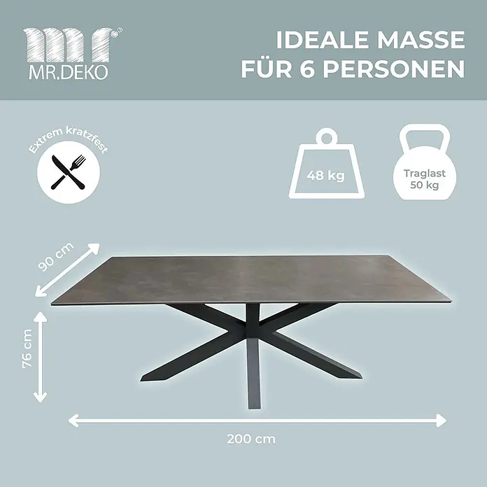 Gartenmöbelset Diningsessel Cadiz mit Tisch Almeria 200 x 90 cm -  - Kratzfester, dunkelgrauer Esstisch (200x90x76 cm) mit Sterngestell. Für 6 Personen, 48 kg Gewicht, 50 kg Traglast.