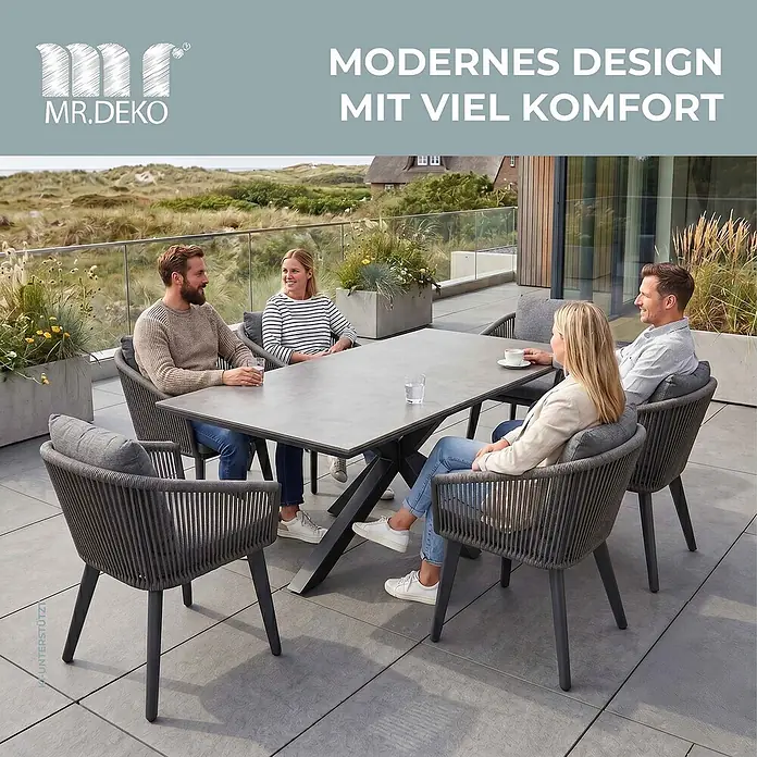 Gartenmöbelset Diningsessel Cadiz mit Tisch Almeria 200 x 90 cm -  - Gartensitzgruppe mit grauen Flechtstühlen und grauem Tisch, von vier Personen auf einer Terrasse genutzt.