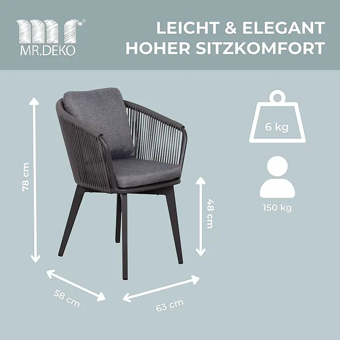 Gartenmöbelset Diningsessel Cadiz mit Tisch Almeria 200 x 90 cm -  - Eleganter dunkelgrauer Sessel mit bequemen Kissen. Er ist 78 cm hoch, wiegt 6 kg und trägt bis zu 150 kg.