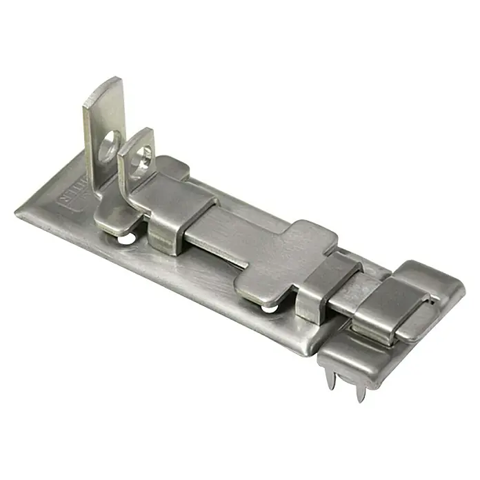 Burg-Wächter Panzerriegel R 80 - Durchmesser Öse: 7,5 mm, 100 x 32,5 mm, Edelstahl - Ein silberner Bolzenriegel aus Metall mit seitlicher Schiebeverriegelung und Befestigungslöchern für zusätzliche Sicherheit.