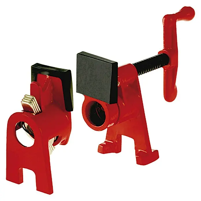 Bessey Rohr-Schraubzwinge BPC-H34 - Ausladung: 42 mm, Durchmesser Rohr: 19,05 mm - 26,9 mm - Eine rote Rohrklemme mit verstellbarem Griff und schwarzen Gummi-Pads zur Befestigung von Werkstücken.