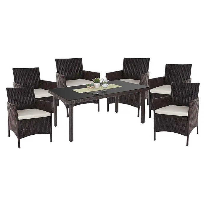 Poly-Rattan-Garnitur | Gartenmöbel Balkon-Set Sitzgarnitur | Braun | Kissen Creme -  - Dunkelbraunes Rattan-Garten-Essset mit schwarzem Glastisch und sechs Stühlen mit cremefarbenen Kissen.