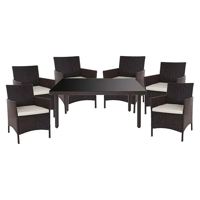 Poly-Rattan-Garnitur | Gartenmöbel Balkon-Set Sitzgarnitur | Braun | Kissen Creme -  - Sechs dunkelbraune Outdoor-Stühle aus Polyrattan mit hellen Polstern und passendem Esstisch mit schwarzer Glasplatte.