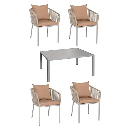 Gartengarnitur | Tisch+4xStuhl | wetterfest Alu 140x80cm | Seilgeflecht Rope | Grau | Kissen Taupe