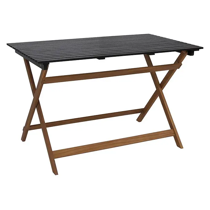 Garnitur Sitzgruppe | Gartenmöbel-Set Essgruppe 4x Stuhl Tisch | Akazie Holz klappbar | Natur-Schwarz -  - Klapptisch mit dunkler Lattenplatte und naturfarbenen Holz-X-Beinen.