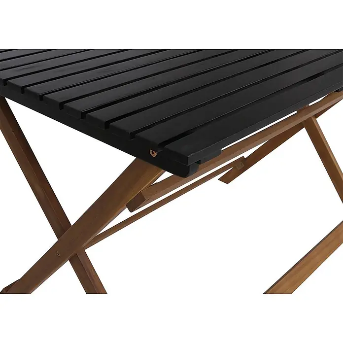Garnitur Sitzgruppe | Gartenmöbel-Set Essgruppe 4x Stuhl Tisch | Akazie Holz klappbar | Natur-Schwarz -  - Schwarze Tischplatte mit Latten auf braunem Klappgestell aus Holz.