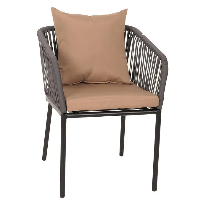 Gartengarnitur | Tisch+6xStuhl | wetterfest Alu 180x80cm | Seilgeflecht Rope | Anthrazit | Kissen Taupe -  - Moderner Sessel mit dunkelgrauem Geflechtgestell, schwarzen Metallbeinen und hellbraunen Sitz- und Rückenkissen.