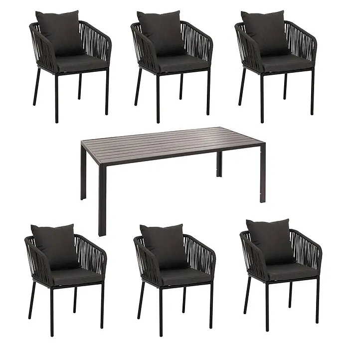 Gartengarnitur | Tisch+6xStuhl | wetterfest Alu 180x80cm | Seilgeflecht Rope | Anthrazit | Kissen Dunkelgrau -  - Dunkelgraues Gartenset mit rechteckigem Lamellentisch und sechs Stühlen mit geflochtenen Rückenlehnen und Sitzkissen.