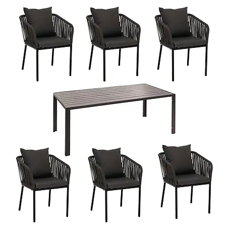 Gartengarnitur | Tisch+6xStuhl | wetterfest Alu 180x80cm | Seilgeflecht Rope | Anthrazit | Kissen Dunkelgrau