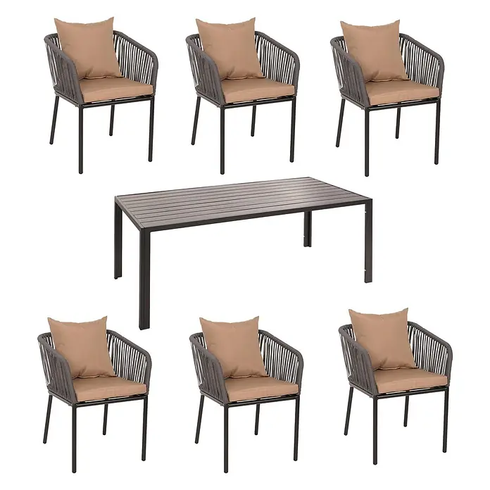 Gartengarnitur | Tisch+6xStuhl | wetterfest Alu 180x80cm | Seilgeflecht Rope | Anthrazit | Kissen Taupe -  - Terrassen-Essgruppe mit sechs dunkelgrauen Korbsesseln mit beigen Kissen und einem rechteckigen Lamellentisch.