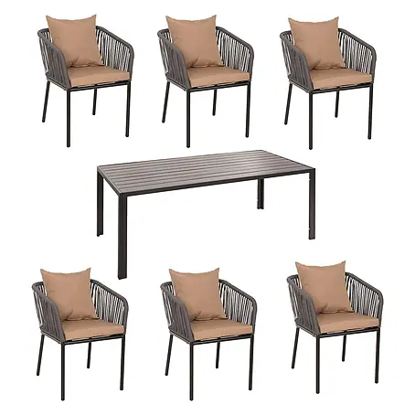 Gartengarnitur | Tisch+6xStuhl | wetterfest Alu 180x80cm | Seilgeflecht Rope | Anthrazit | Kissen Taupe