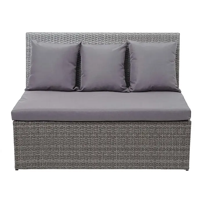 Mendler Loungemöbel-Set HWC-G16 - 3 -tlg., Polyrattan, Grau, Kissen dunkelgrau, Grau - Graues Rattan-Outdoor-Sofa mit drei Rückenkissen und einer Sitzauflage.