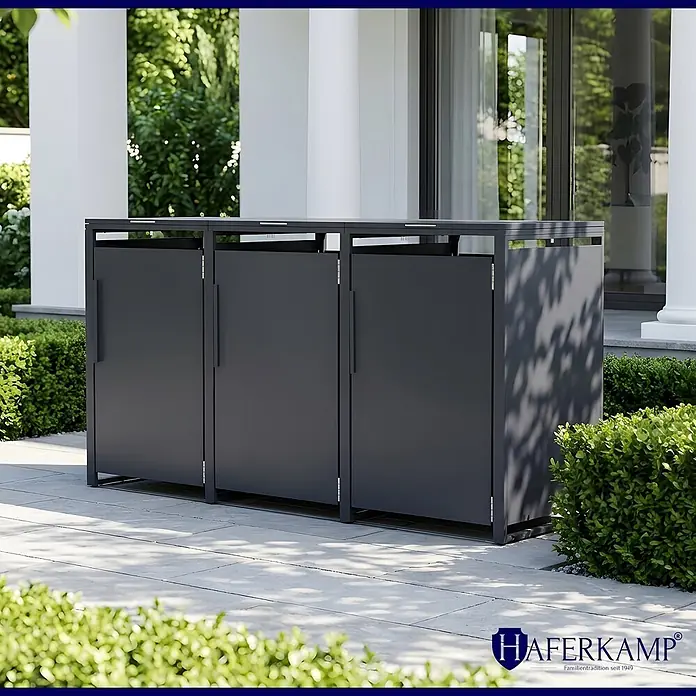 HAFERKAMP Mülltonnenbox 3er KUBUS HxBxT 116x199x80 cm für 3x 240-Liter-Tonnen Verzinkter Stahl Anthrazit -  - Anthrazitfarbener 3-fach Mülltonnenbox aus Metall auf einer Terrasse.