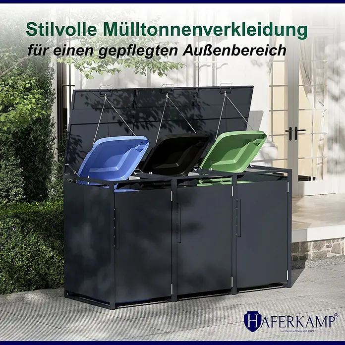 HAFERKAMP Mülltonnenbox 3er KUBUS HxBxT 116x199x80 cm für 3x 240-Liter-Tonnen Verzinkter Stahl Anthrazit -  - Stilvolle dunkelgraue Metall-Mülltonnenverkleidung für drei Behälter, mit offenen blauen, schwarzen und grünen Deckeln, verschönert den Außenbereich.