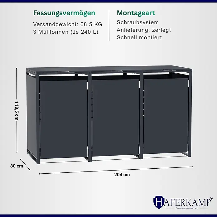 HAFERKAMP Mülltonnenbox 3er KUBUS HxBxT 116x199x80 cm für 3x 240-Liter-Tonnen Verzinkter Stahl Anthrazit -  - Dunkelgraue Metall-Mülltonnenbox mit drei Fächern, 204x80x118,5 cm, für 3x 240L Mülltonnen.
