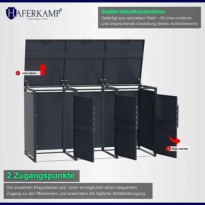 HAFERKAMP Mülltonnenbox 3er KUBUS HxBxT 116x199x80 cm für 3x 240-Liter-Tonnen Verzinkter Stahl Anthrazit -  - Dunkelgraue Mülltonnenbox aus verzinktem Stahl mit drei Fächern, Klappdeckeln und Türen für den Außenbereich.