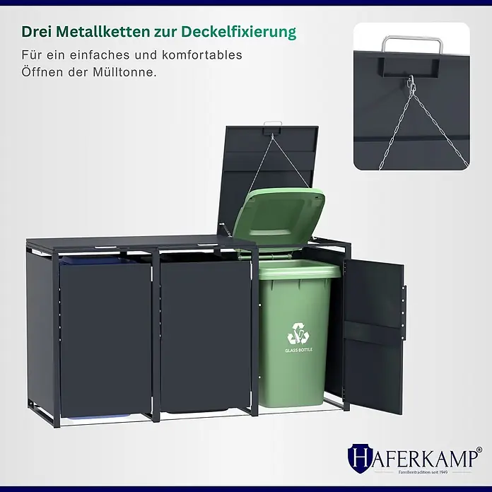 HAFERKAMP Mülltonnenbox 3er KUBUS HxBxT 116x199x80 cm für 3x 240-Liter-Tonnen Verzinkter Stahl Anthrazit -  - Dunkelgraue Metall-Mülltonnenbox mit drei Fächern und integriertem Kettensystem für müheloses gleichzeitiges Öffnen der Deckel.
