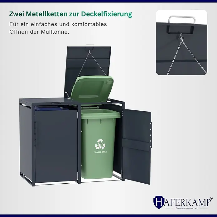 HAFERKAMP Mülltonnenbox 2er KUBUS HxBxT 116x134x80 cm für 2x 240-Liter-Tonnen Verzinkter Stahl Anthrazit -  - Dunkelgraue Metall-Mülltonnenbox, Deckel offen, mit einer grünen Mülltonne darin. Metallketten verbinden den Außendeckel mit dem Deckel der Mülltonne zum einfachen Öffnen.