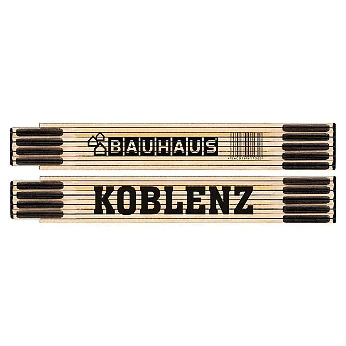 BAUHAUS Zollstock - Koblenz, 2 m - Das Bild zeigt zwei Zollstöcke der Marke Bauhaus und Koblenz. Die Zollstöcke sind aus Holz und haben eine schwarze Beschriftung.