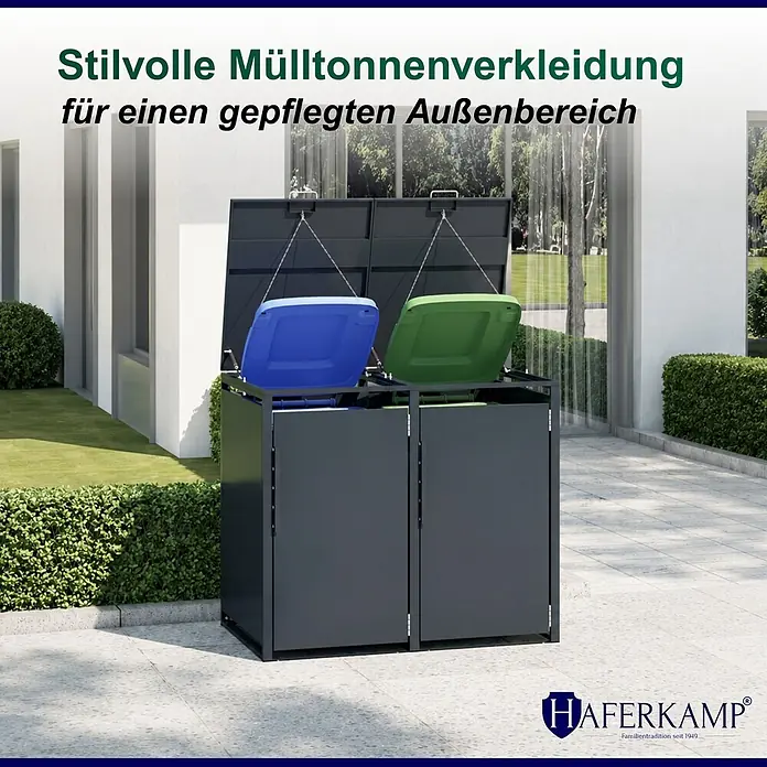 HAFERKAMP Mülltonnenbox 2er KUBUS HxBxT 116x134x80 cm für 2x 240-Liter-Tonnen Verzinkter Stahl Anthrazit -  - Dunkelgraue Mülltonnenverkleidung für zwei Tonnen mit blauen und grünen Deckeln, im Außenbereich auf einer Terrasse.