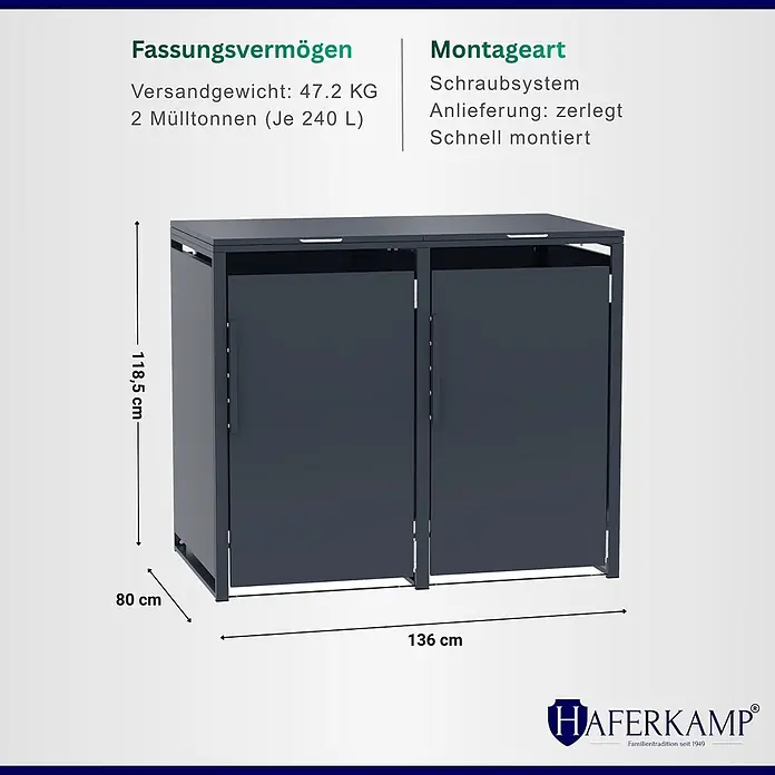 HAFERKAMP Mülltonnenbox 2er KUBUS HxBxT 116x134x80 cm für 2x 240-Liter-Tonnen Verzinkter Stahl Anthrazit -  - Dunkelgraue Mülltonnenbox mit zwei Türen, 136x118,5x80 cm, für zwei 240L Mülltonnen.