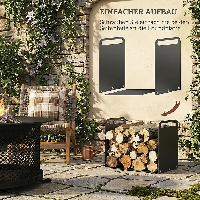 Outsunny Kaminholzregal - Stahl, Schwarz - Schwarzes Metall-Kaminholzregal, gefüllt mit Holz, mit einfacher Montageanleitung auf einer Terrasse.