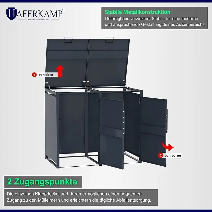 HAFERKAMP Mülltonnenbox 2er KUBUS HxBxT 116x134x80 cm für 2x 240-Liter-Tonnen Verzinkter Stahl Anthrazit -  - Dunkelgraue Mülltonnenbox aus verzinktem Stahl mit geöffneten Klappdeckeln und Fronttüren für einfachen Zugang.