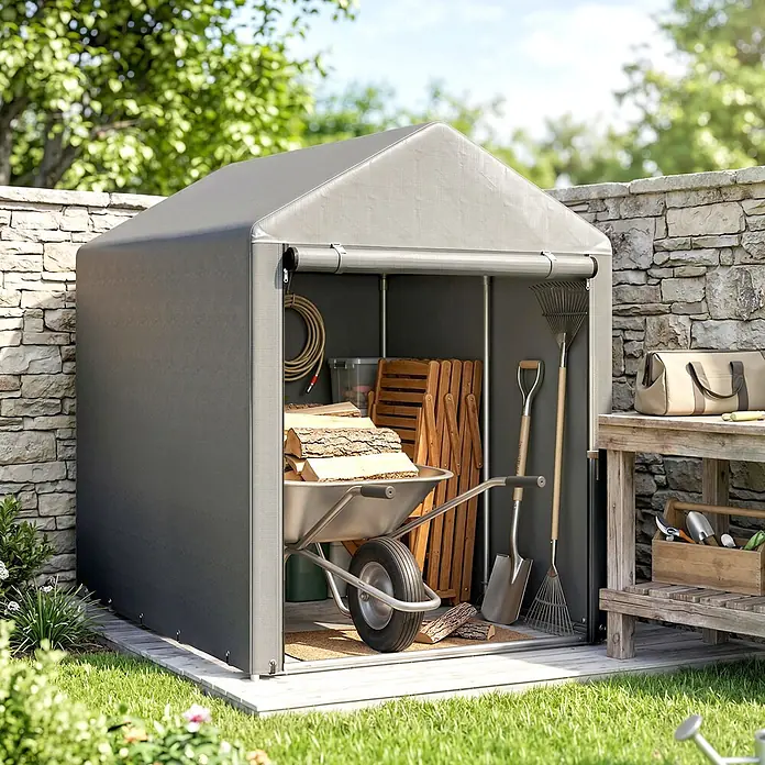 Outsunny-Garagenzelt-120L x 179B x 165H cm -  - Grauer Textil-Gartenschuppen mit offener Front, gefüllt mit Gartengeräten, Brennholz und einer Schubkarre, im sonnigen Garten.