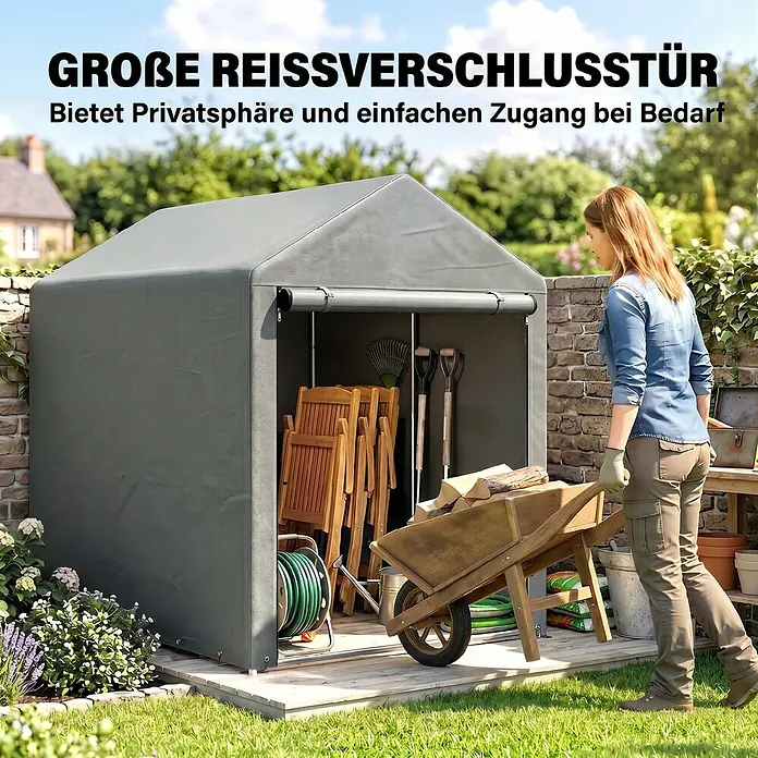 Outsunny-Garagenzelt-120L x 179B x 165H cm -  - Graues Stoff-Gartenzelt mit großer offener Reißverschlusstür, gefüllt mit Gartengeräten und Möbeln. Eine Frau kommt mit einer Schubkarre.