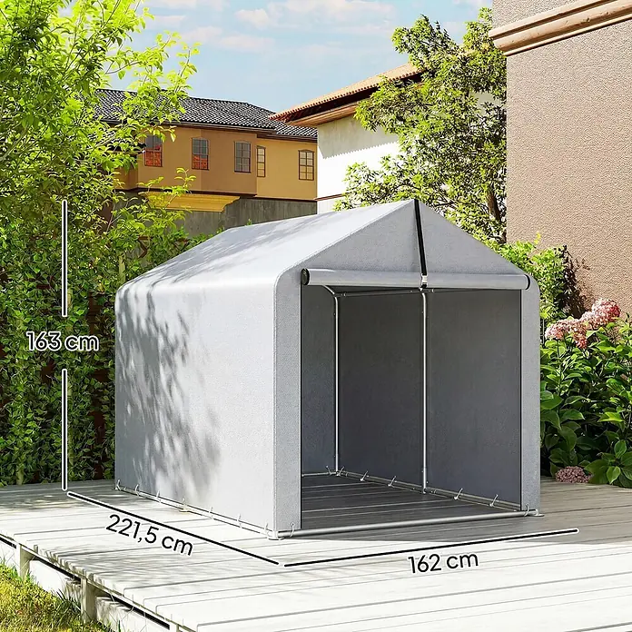 Outsunny Gerätehaus - Außenmaß inkl. Dachüberstand (B x T): 162 x 221,5 cm, Polyester, Hellgrau - Graues Stoff-Lagerzelt mit Metallrahmen auf einer Holzterrasse im Freien.