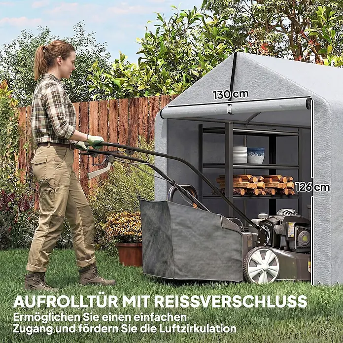 Outsunny Gerätehaus - Außenmaß inkl. Dachüberstand (B x T): 162 x 221,5 cm, Polyester, Hellgrau - Grauer Stoff-Gartenschuppen mit einer Frau, die einen Rasenmäher hineinschiebt. Maße 130 cm breit, 126 cm hoch sind auf dem Zelt angegeben.