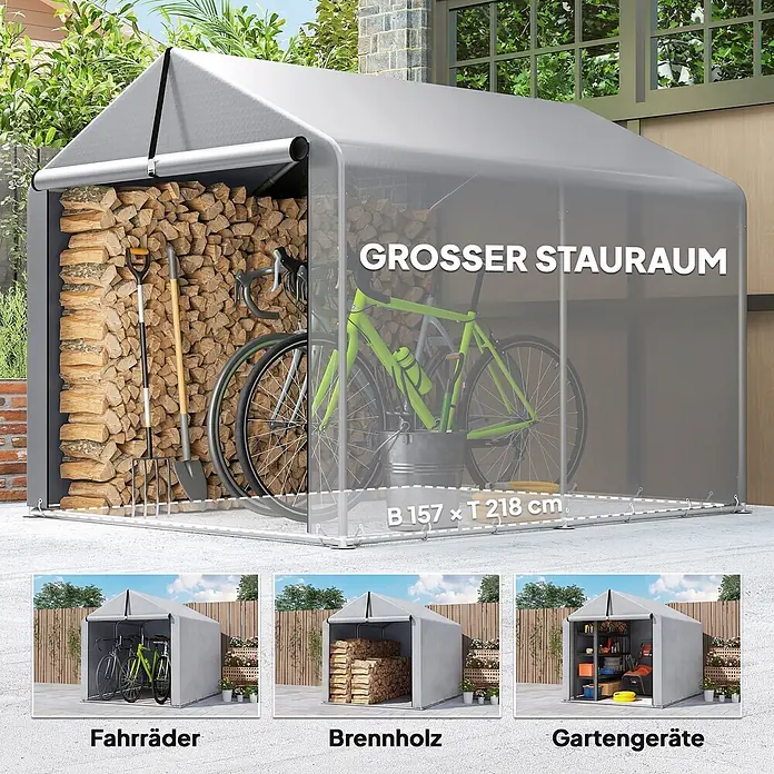 Outsunny Gerätehaus - Außenmaß inkl. Dachüberstand (B x T): 162 x 221,5 cm, Polyester, Hellgrau - Ein graues Outdoor-Lagerzelt, das Fahrräder, Brennholz und Gartengeräte aufnimmt, um seine große Speicherkapazität zu verdeutlichen.