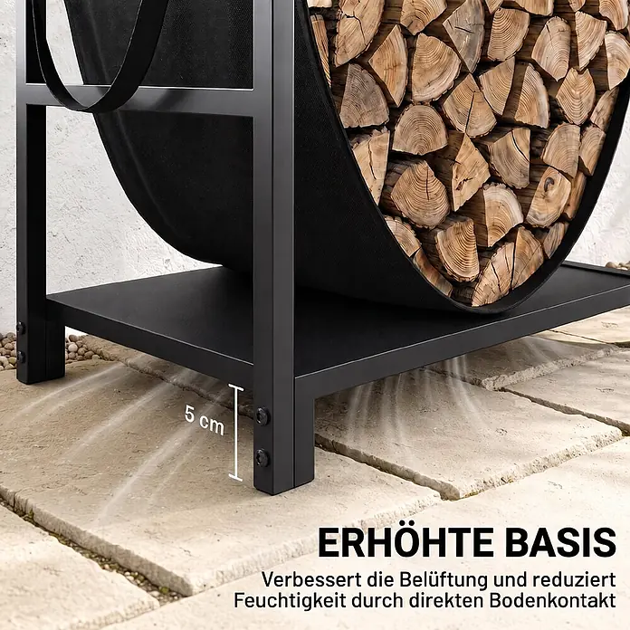 Outsunny Kaminholzregal - Metall, Schwarz - Schwarzes Metall-Kaminholzregal mit Stoffschlinge, gefüllt mit Holz. Die 5 cm erhöhte Basis verbessert die Belüftung und reduziert Feuchtigkeit.